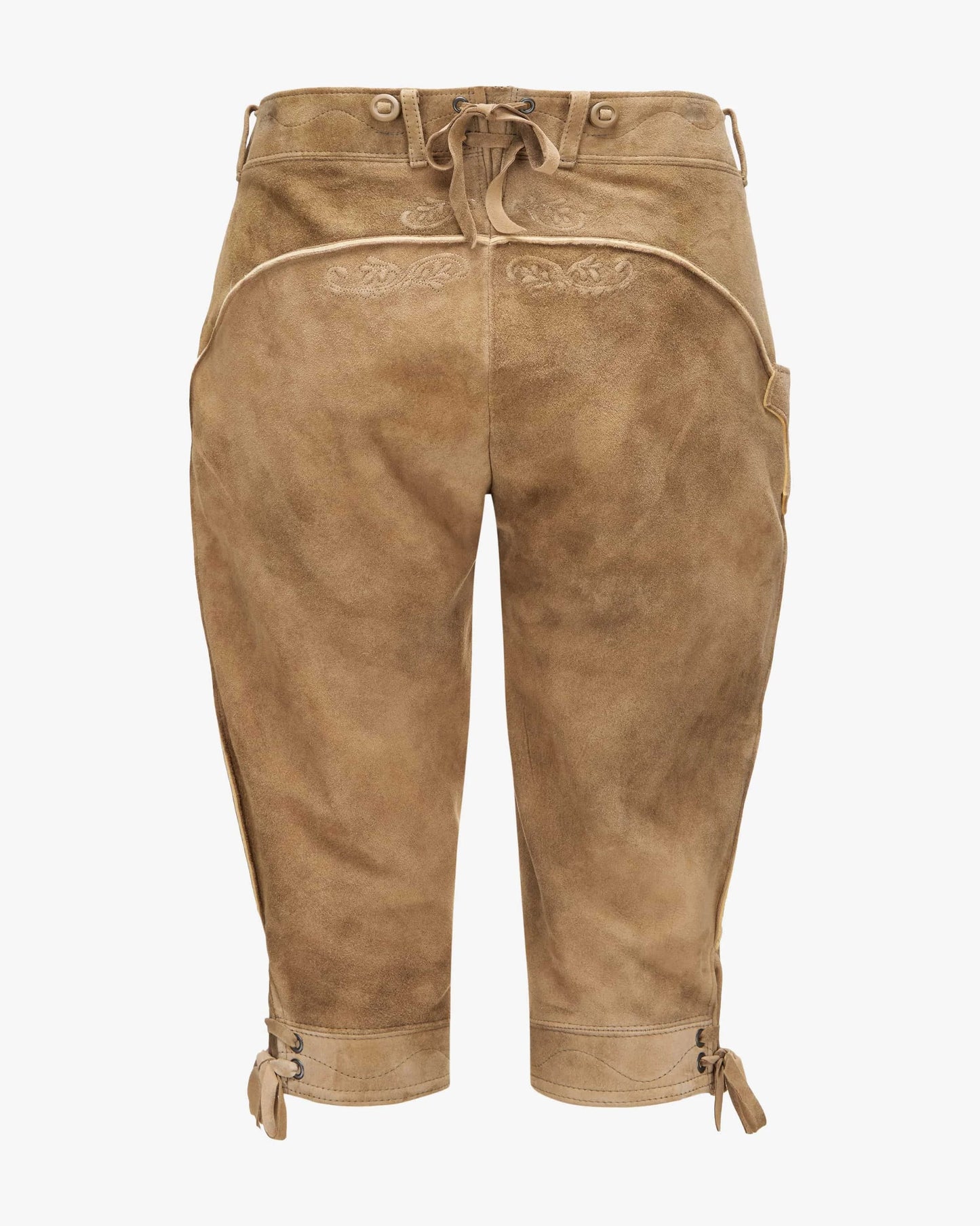 Brown leather pants with drawstring waist on a white background