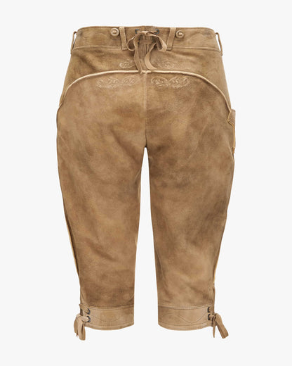 Brown leather pants with drawstring waist on a white background