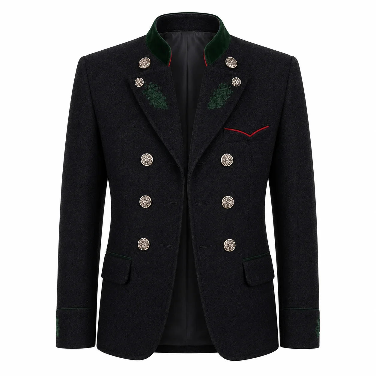 A men's double-breasted blazer in black wool-like fabric, featuring a dark green embroidered collar, green pine-branch embroidery on the lapels, silver-tone decorative buttons, and a thin red accent line on the chest pocket.