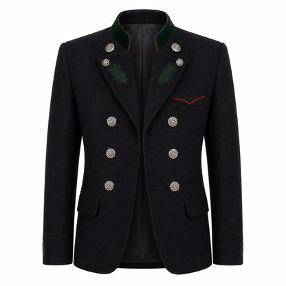 A men's double-breasted blazer in black wool-like fabric, featuring a dark green embroidered collar, green pine-branch embroidery on the lapels, silver-tone decorative buttons, and a thin red accent line on the chest pocket.
