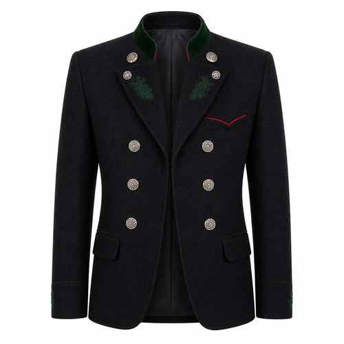 A men's double-breasted blazer in black wool-like fabric, featuring a dark green embroidered collar, green pine-branch embroidery on the lapels, silver-tone decorative buttons, and a thin red accent line on the chest pocket.
