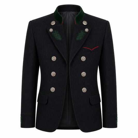 A men's double-breasted blazer in black wool-like fabric, featuring a dark green embroidered collar, green pine-branch embroidery on the lapels, silver-tone decorative buttons, and a thin red accent line on the chest pocket.