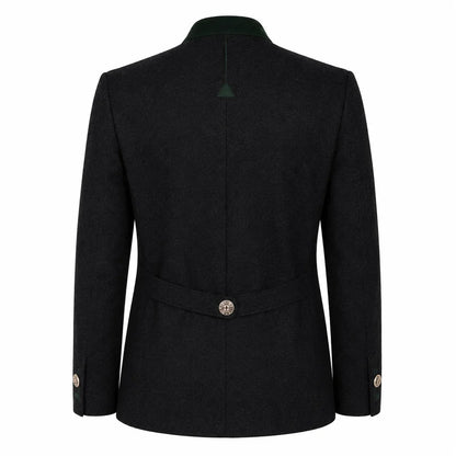 The back view of a dark charcoal gray wool-blend blazer with a structured collar, a single decorative button at the waist, and matching buttons on the cuffs, shown against a plain white background.