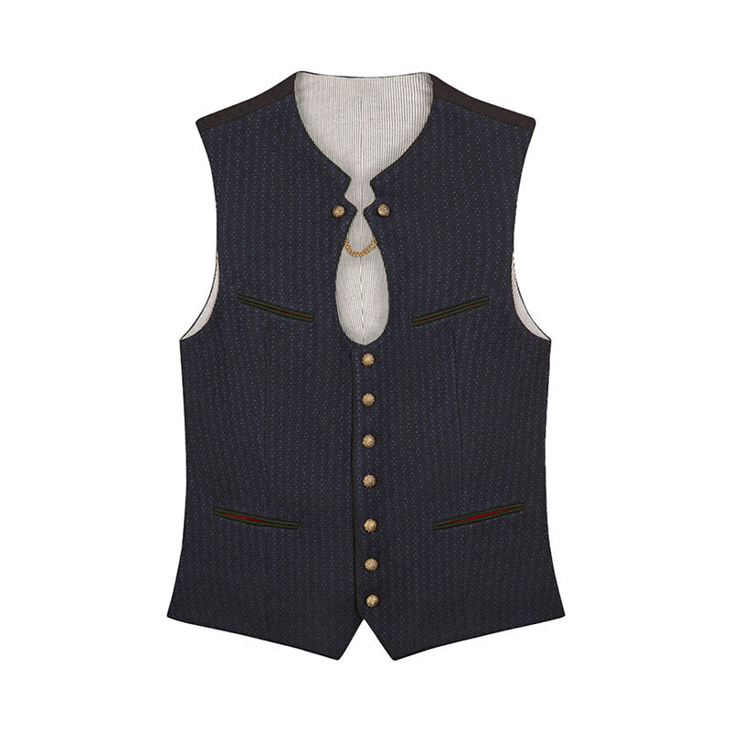 Navy blue vest with gold buttons on a white background
