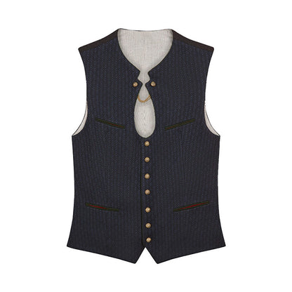 Navy blue vest with gold buttons on a white background