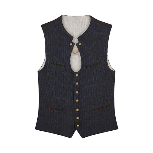 Navy blue vest with gold buttons on a white background