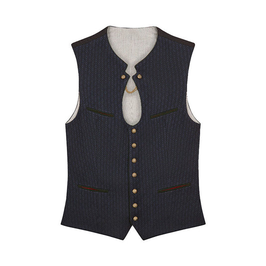 Navy blue vest with gold buttons on a white background