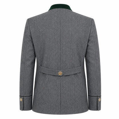 The back view of a gray textured tweed blazer with a dark green collar and gold button accents, shown on a plain white background.