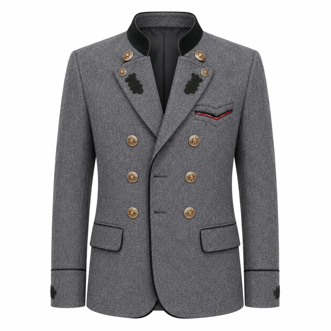 A men's double-breasted blazer in textured gray wool with gold-tone buttons, a black mandarin collar, and decorative black embroidery on the lapels and chest pocket flap.