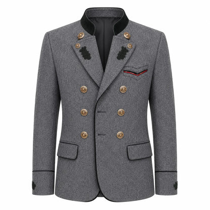 A men's double-breasted blazer in textured gray wool with gold-tone buttons, a black mandarin collar, and decorative black embroidery on the lapels and chest pocket flap.