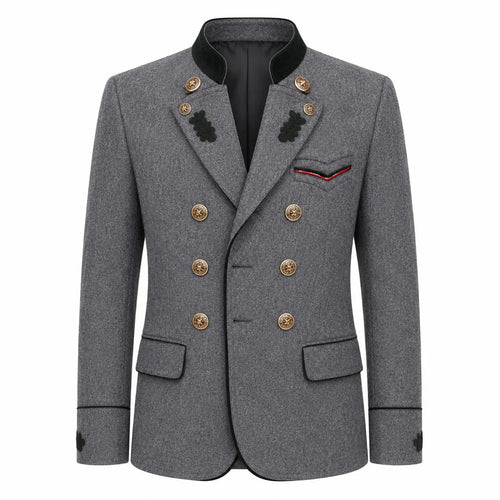 A men's double-breasted blazer in textured gray wool with gold-tone buttons, a black mandarin collar, and decorative black embroidery on the lapels and chest pocket flap.