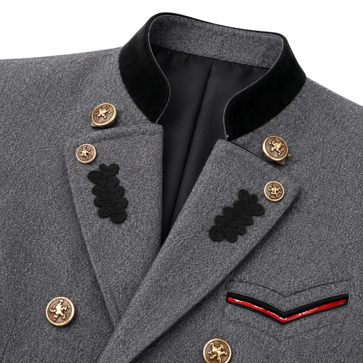 Close-up of a gray wool military-style jacket with black velvet collar, black embroidered leaf details, gold buttons, and a red and black chevron pocket trim.