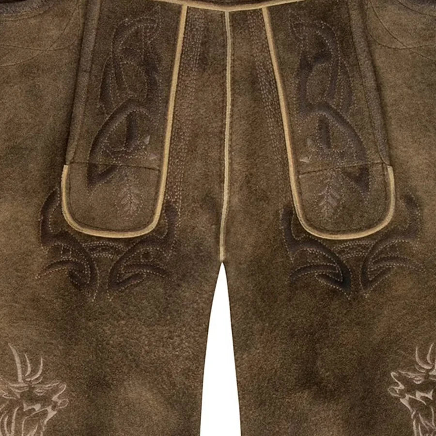Brown leather pants with intricate stitching and decorative elements on a white background