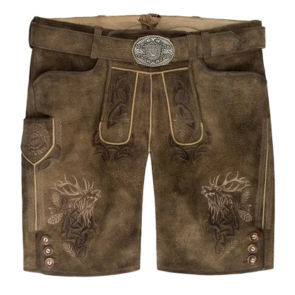 Brown leather shorts with embroidery and a belt on a white background