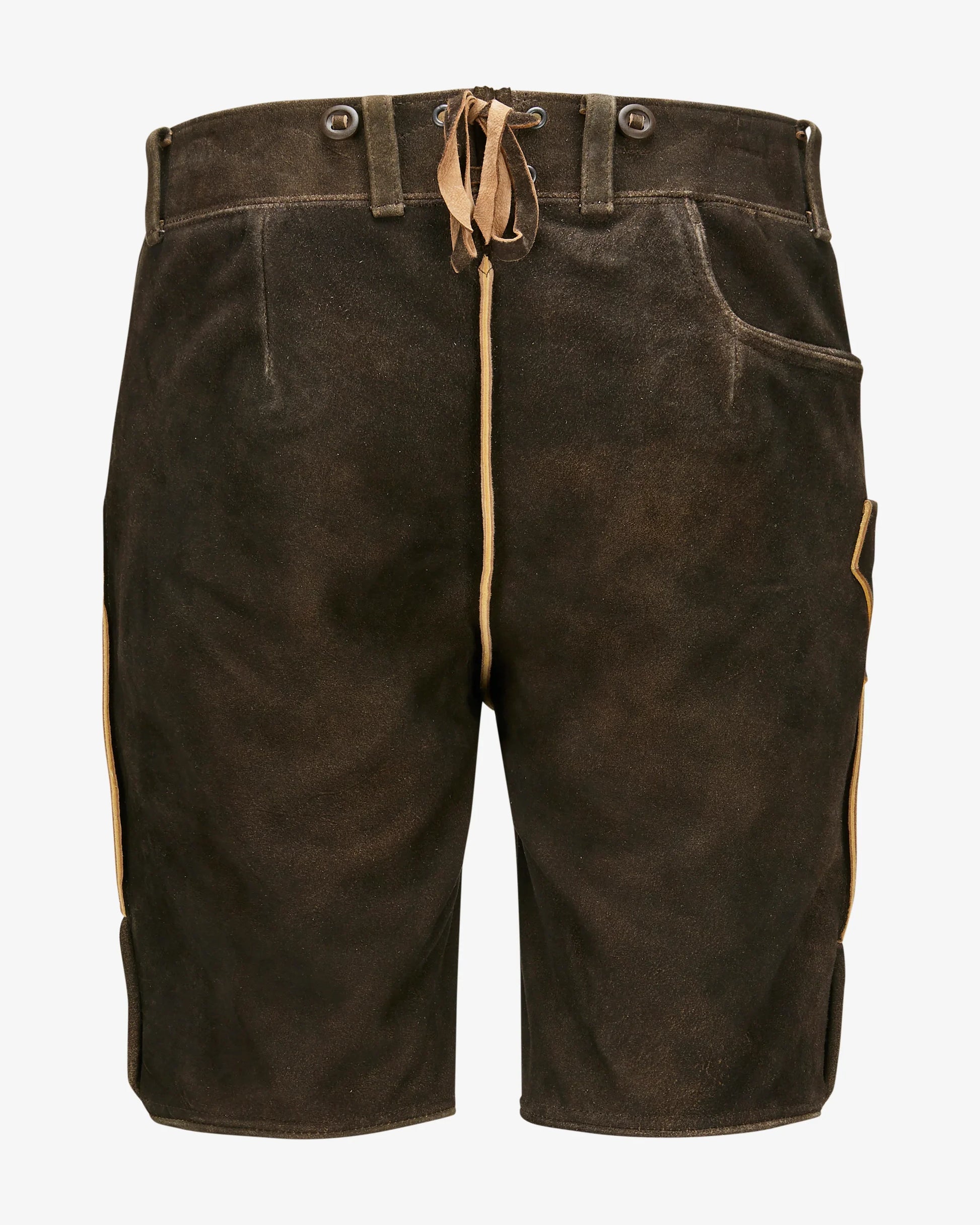 Brown shorts with a drawstring on a white background