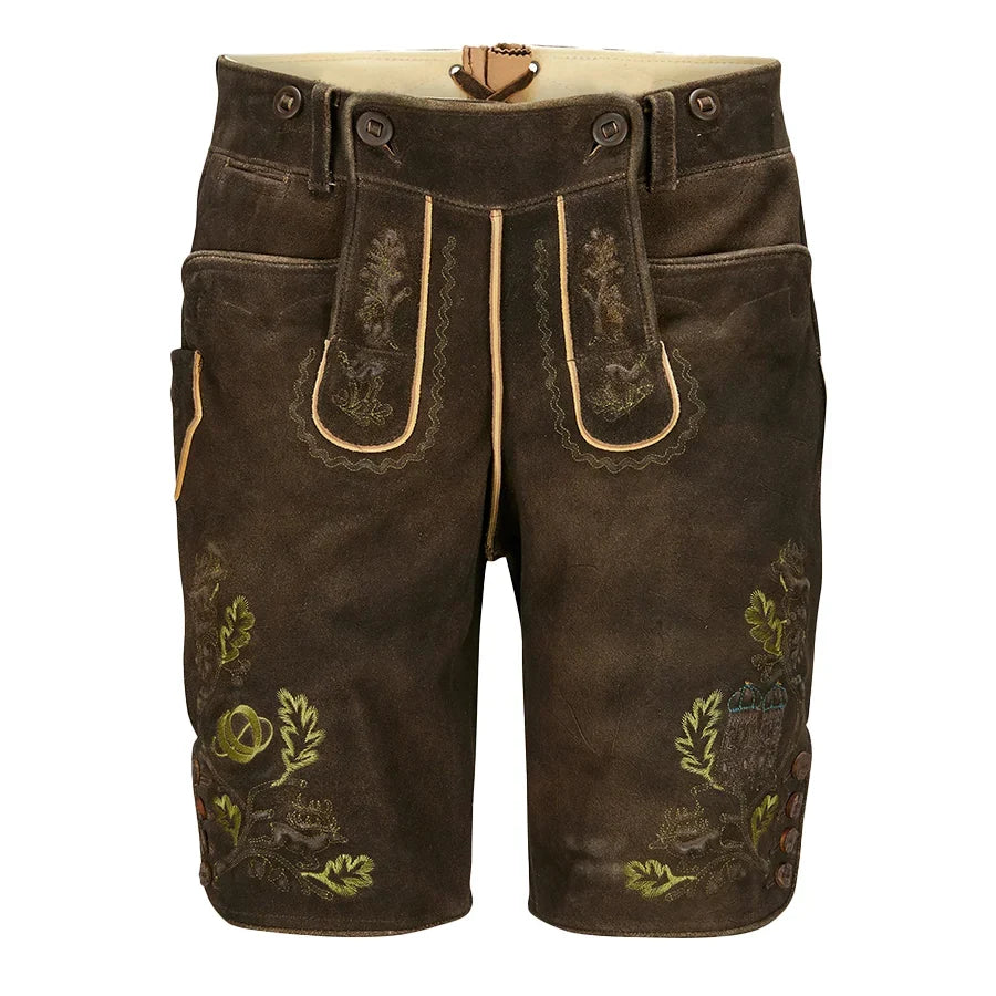 Brown shorts with floral embroidery on a white background