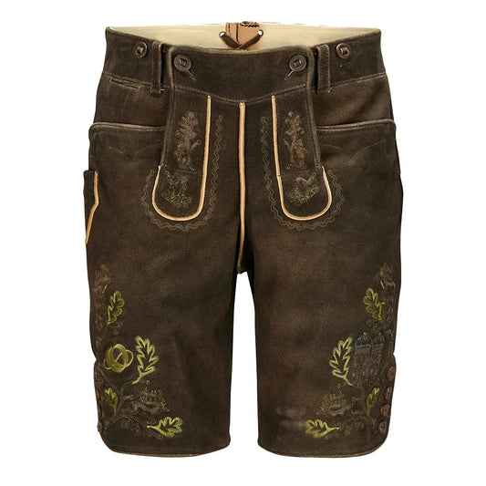 Brown shorts with floral embroidery on a white background
