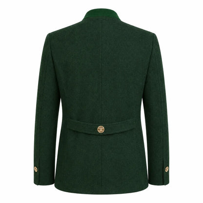 A dark green wool blazer shown from the back, featuring a single gold button at the waist and matching gold buttons on the cuffs, set against a plain white background.