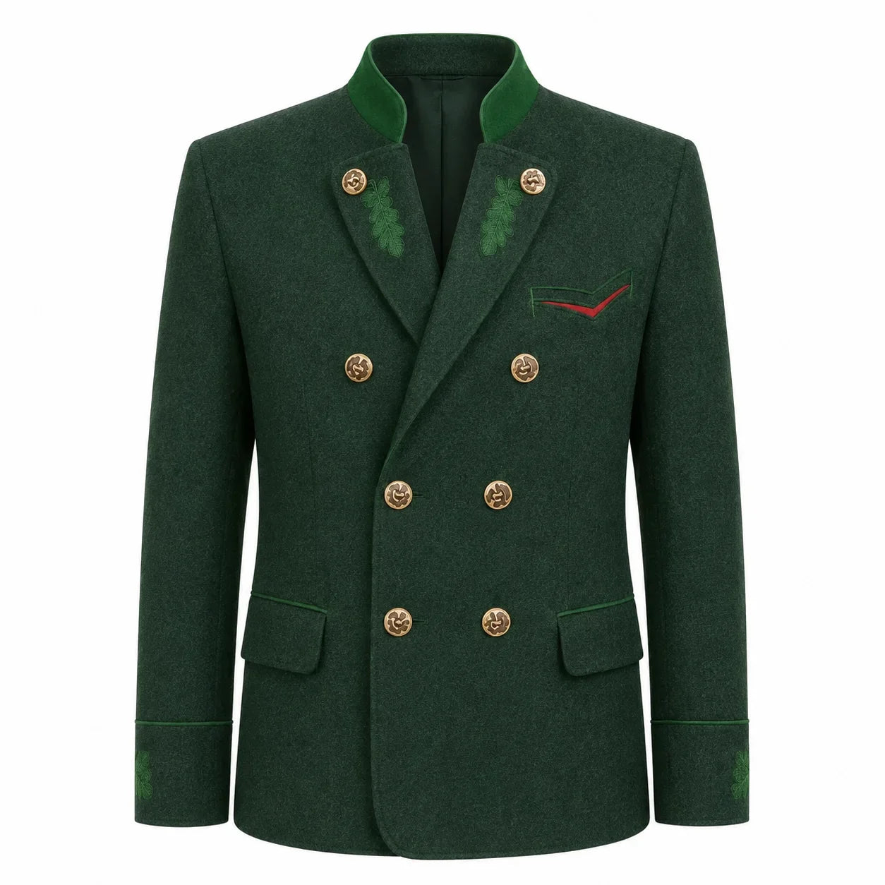 A dark green double-breasted blazer with gold buttons, green embroidered leaf details on the lapels and cuffs, and a red embroidered chevron on the chest pocket flap, shown against a plain white background.