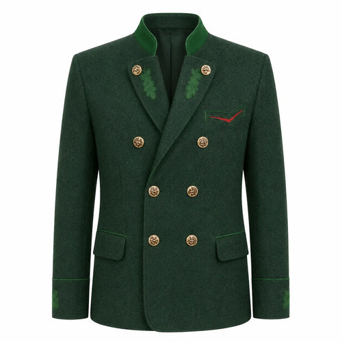 A dark green double-breasted blazer with gold buttons, green embroidered leaf details on the lapels and cuffs, and a red embroidered chevron on the chest pocket flap, shown against a plain white background.