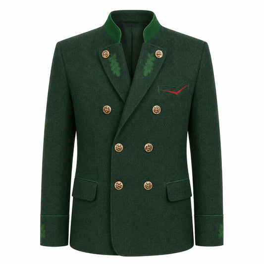 A dark green double-breasted blazer with gold buttons, green embroidered leaf details on the lapels and cuffs, and a red embroidered chevron on the chest pocket flap, shown against a plain white background.