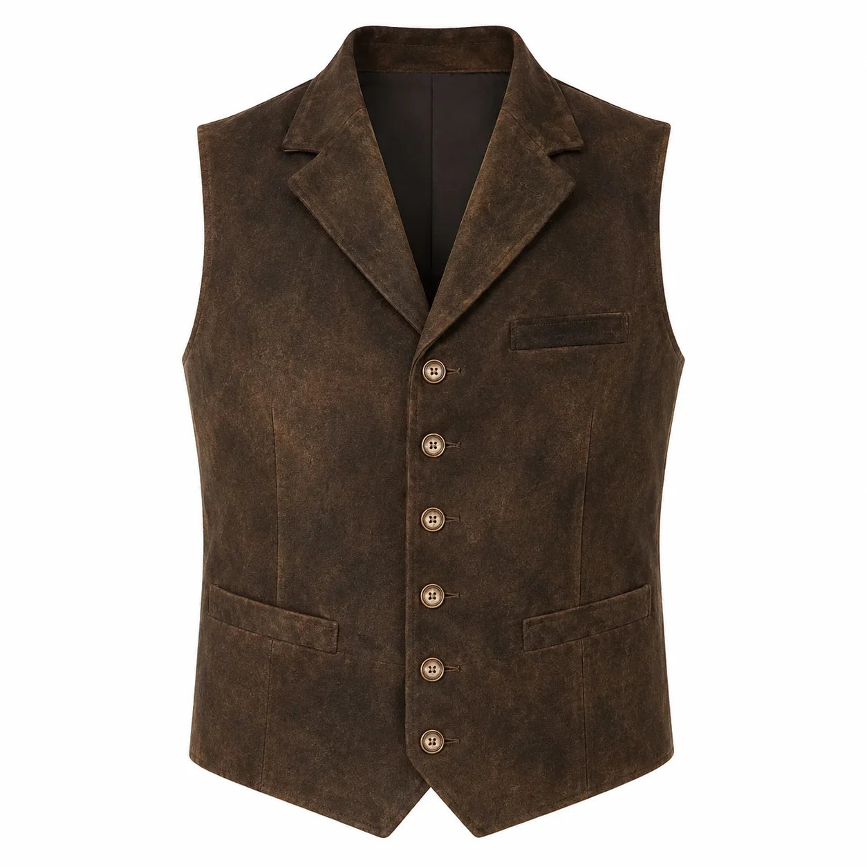 A dark brown textured vest with a five-button front closure, notch lapels, and welt pockets, shown on a plain white background.