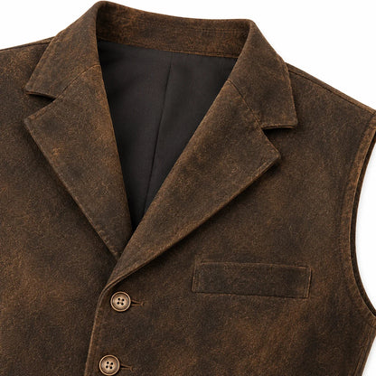 Close-up of a brown textured vest with a black lining, showing the collar, front buttons, and a chest pocket on a white background.
