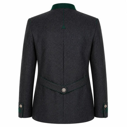 The back view of a dark gray textured wool blazer with a contrasting dark green collar, waist belt, and button details on the cuffs.