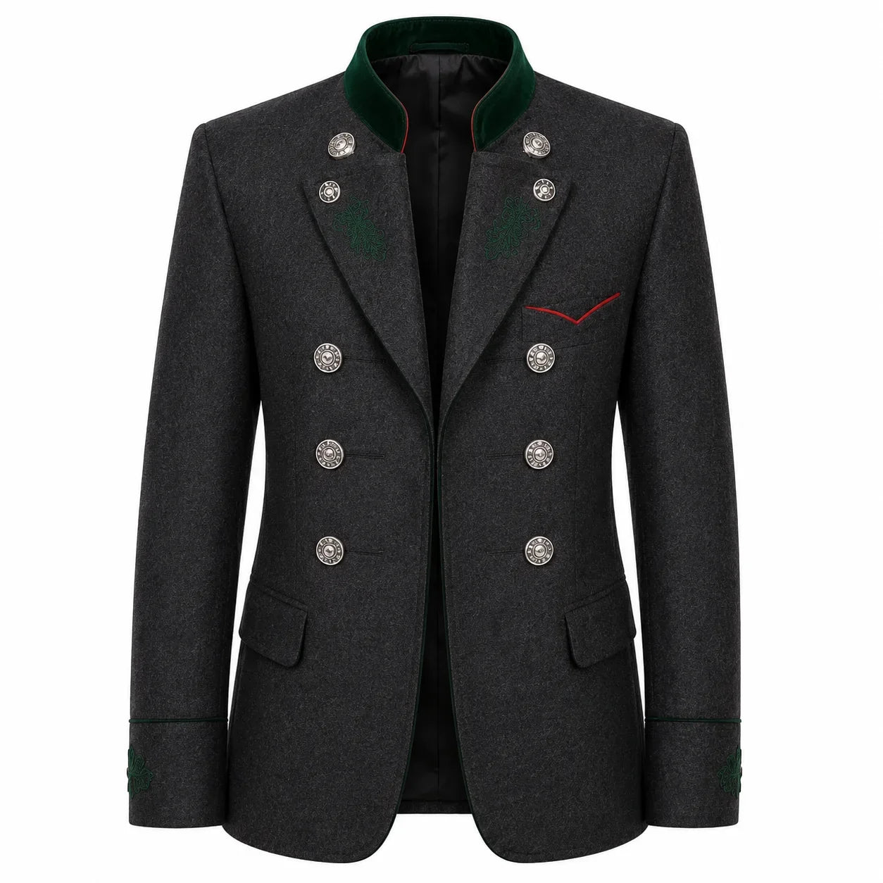 A dark gray double-breasted blazer with a green velvet collar, silver buttons, and green embroidered details on the chest and cuffs, shown against a plain white background.