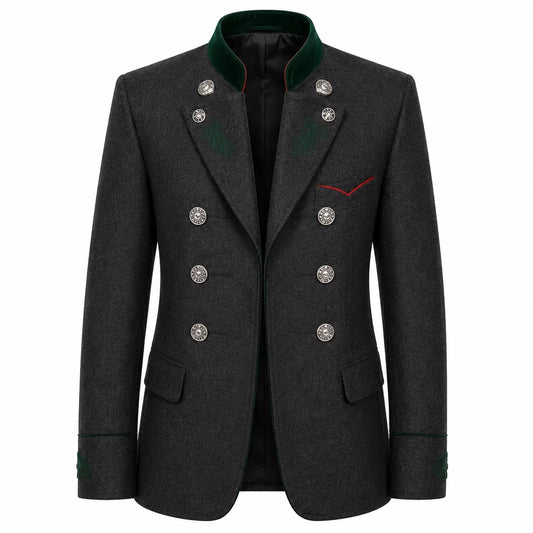 A dark gray double-breasted blazer with a green velvet collar, silver buttons, and green embroidered details on the chest and cuffs, shown against a plain white background.