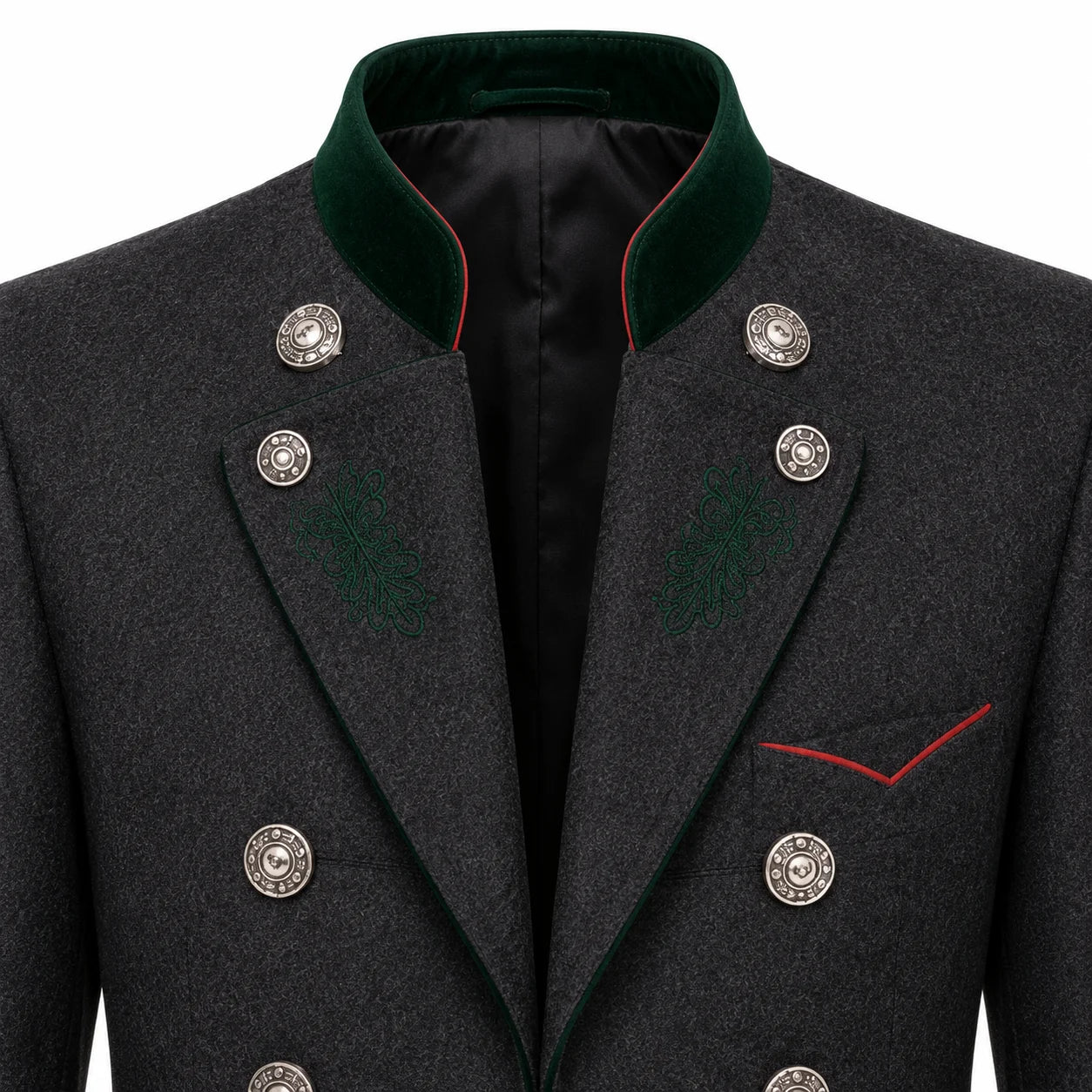 Close-up of a dark gray textured double-breasted coat with a green velvet collar, silver buttons, and red piping details.