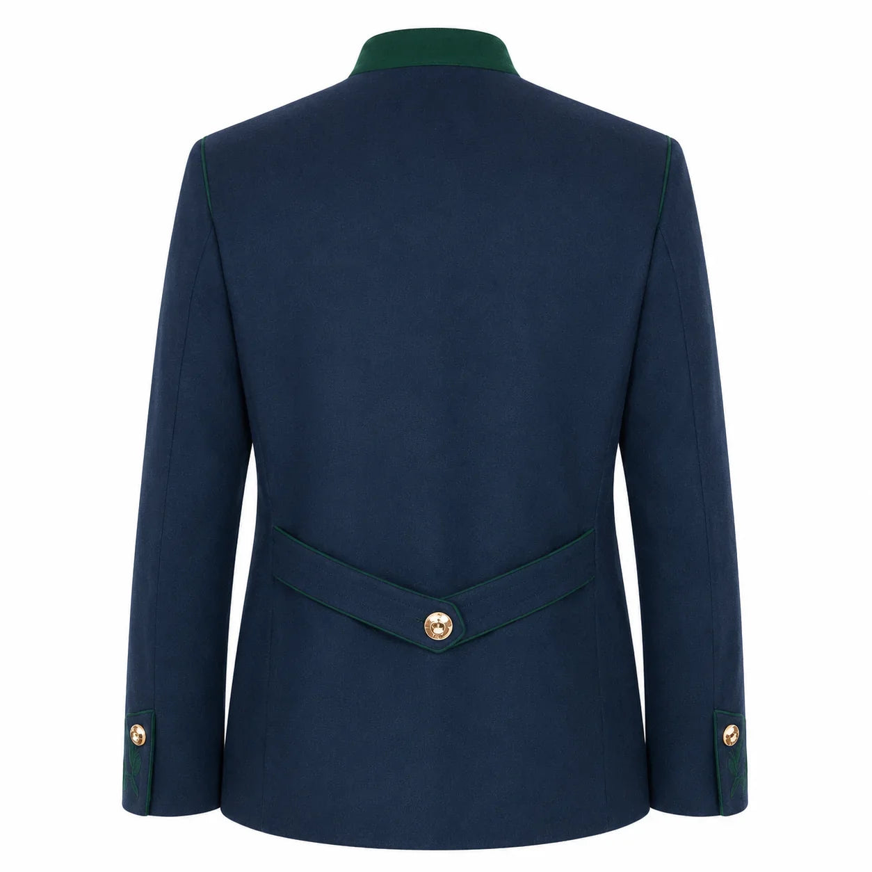 The back view of a navy blue blazer with dark green piping and collar, featuring a single gold button on the waist and sleeve cuffs, set against a plain white background.