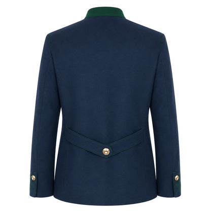 The back view of a navy blue blazer with dark green piping and collar, featuring a single gold button on the waist and sleeve cuffs, set against a plain white background.