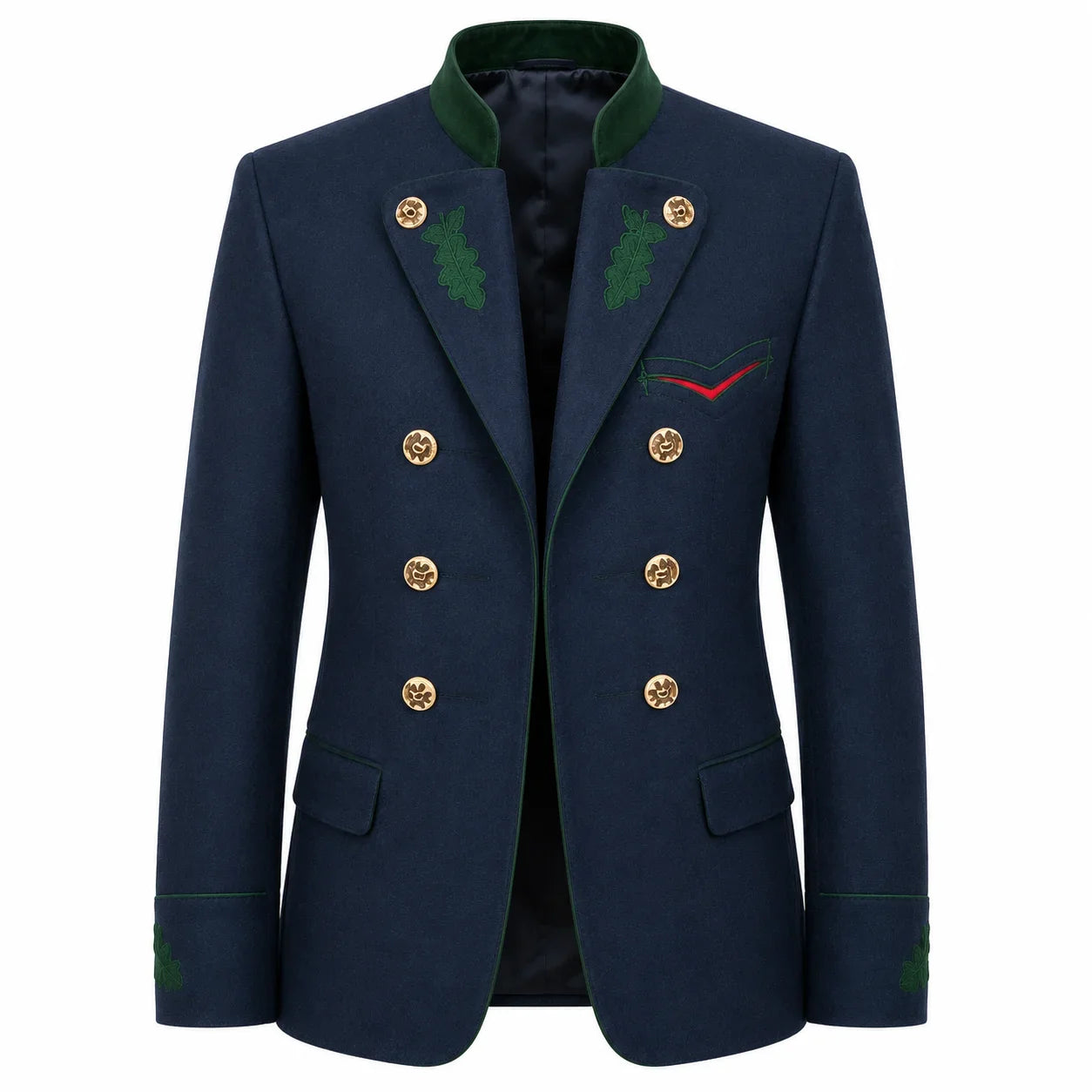 A men's double-breasted blazer in navy blue, featuring green embroidered oak leaves on the lapels and cuffs, gold buttons, and a green collar, shown against a plain white background.