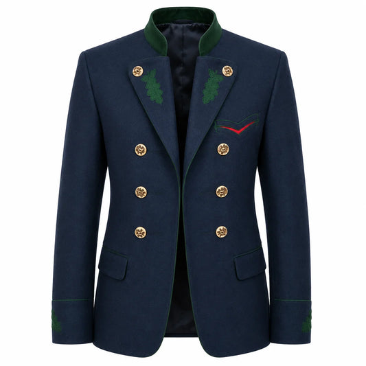 A men's double-breasted blazer in navy blue, featuring green embroidered oak leaves on the lapels and cuffs, gold buttons, and a green collar, shown against a plain white background.
