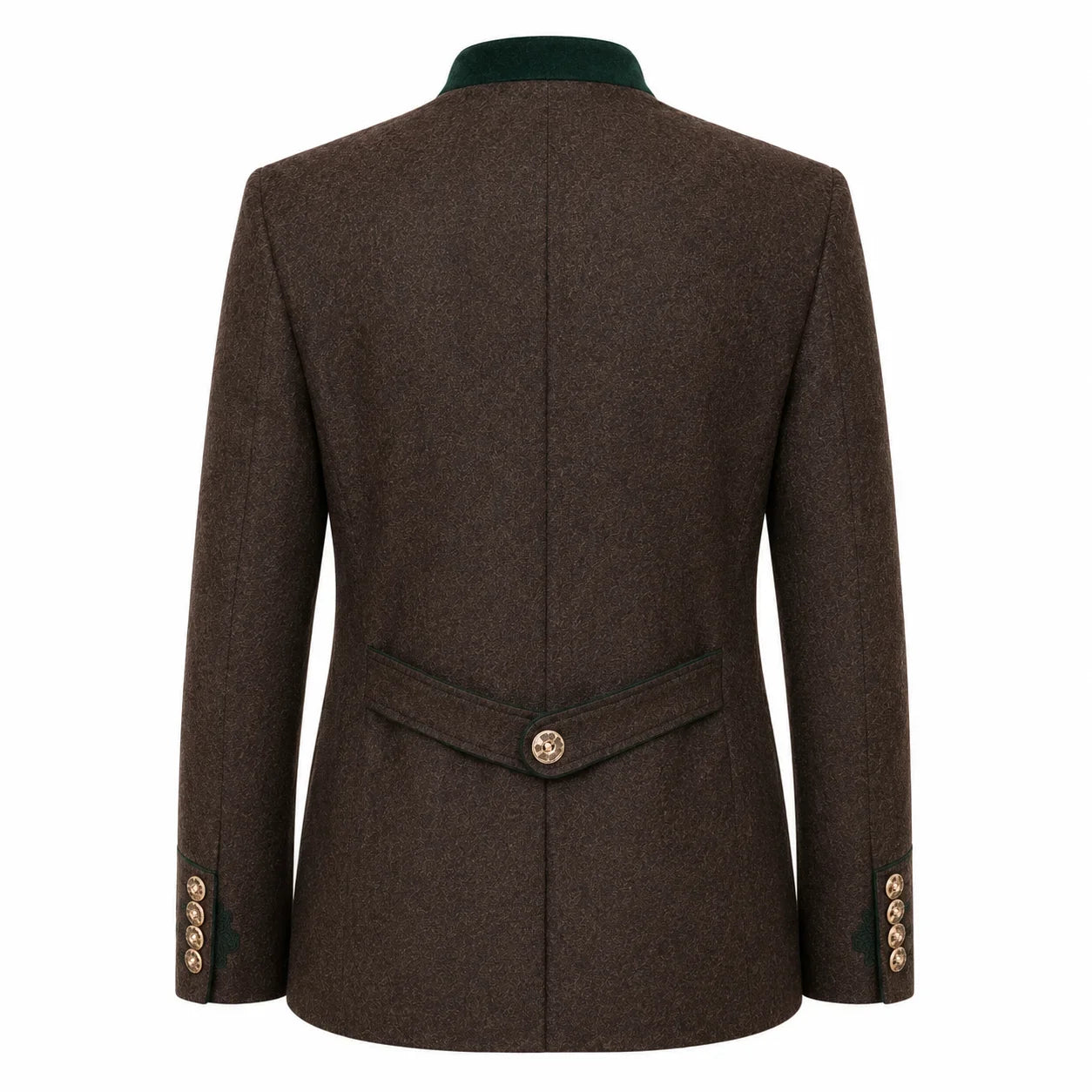 A dark brown textured tweed blazer shown from the back, featuring a contrasting dark green collar, a buttoned waist flap, and decorative gold buttons on the cuffs.