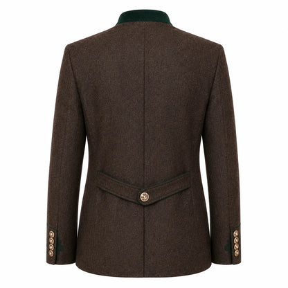 A dark brown textured tweed blazer shown from the back, featuring a contrasting dark green collar, a buttoned waist flap, and decorative gold buttons on the cuffs.