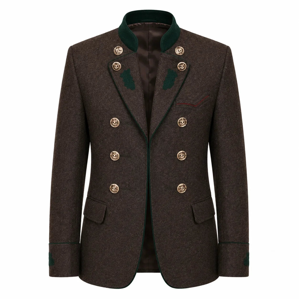 A men's double-breasted blazer in dark brown textured tweed, featuring a dark green ribbed knit collar, green embroidered leaf details on the shoulders, and gold-tone buttons.