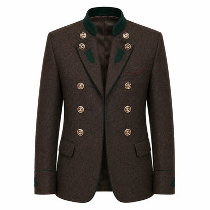 A men's double-breasted blazer in dark brown textured tweed, featuring a dark green ribbed knit collar, green embroidered leaf details on the shoulders, and gold-tone buttons.