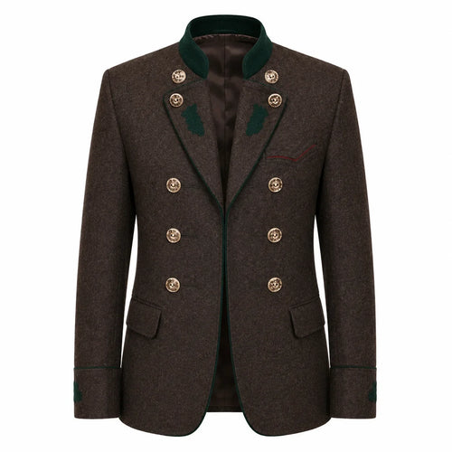 A men's double-breasted blazer in dark brown textured tweed, featuring a dark green ribbed knit collar, green embroidered leaf details on the shoulders, and gold-tone buttons.