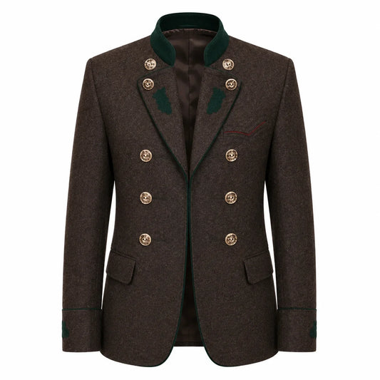A men's double-breasted blazer in dark brown textured tweed, featuring a dark green ribbed knit collar, green embroidered leaf details on the shoulders, and gold-tone buttons.