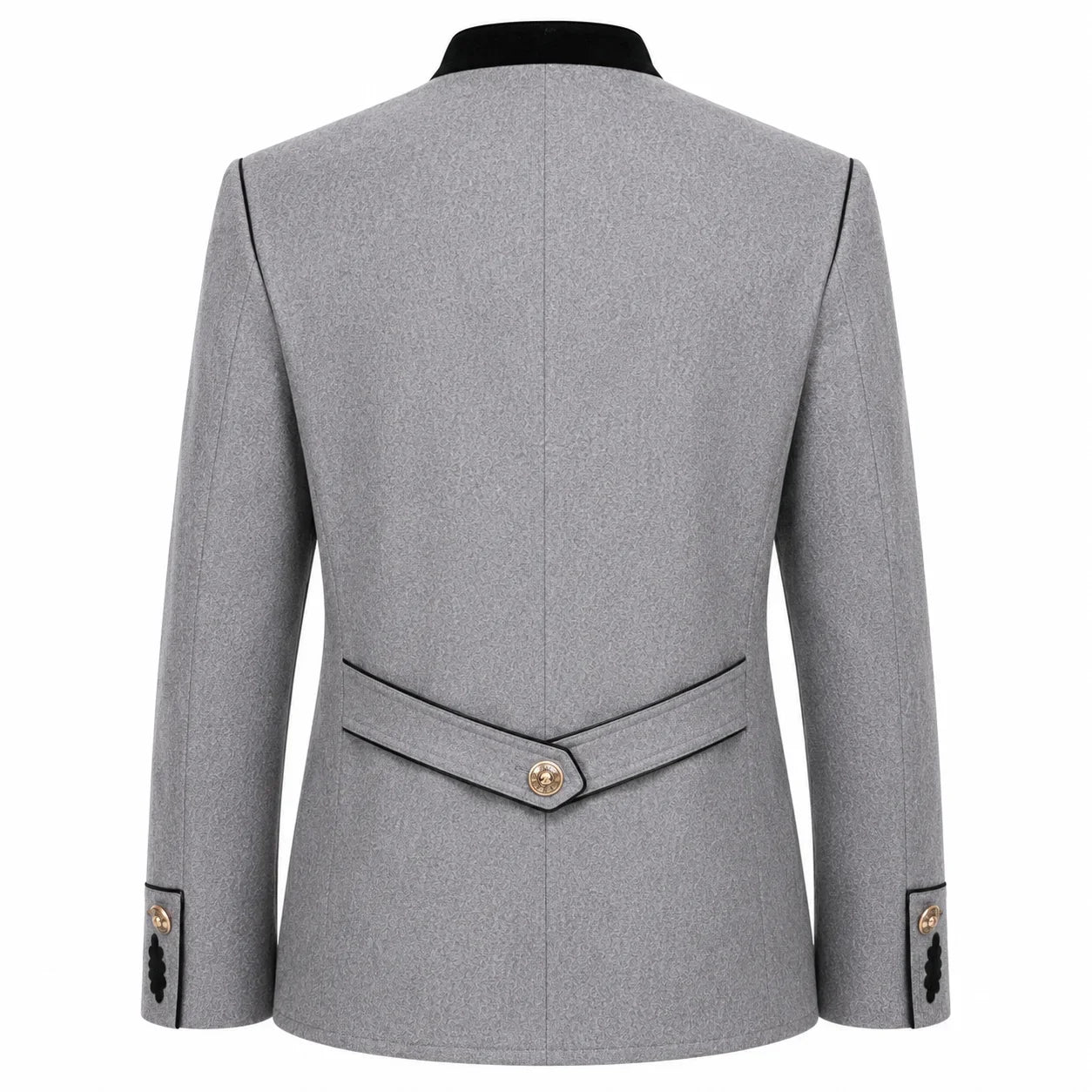 A light gray textured blazer shown from the back, featuring a structured collar, a matching waist belt with a decorative gold-tone button, and buttoned cuffs.