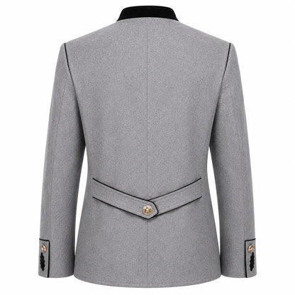 A light gray textured blazer shown from the back, featuring a structured collar, a matching waist belt with a decorative gold-tone button, and buttoned cuffs.