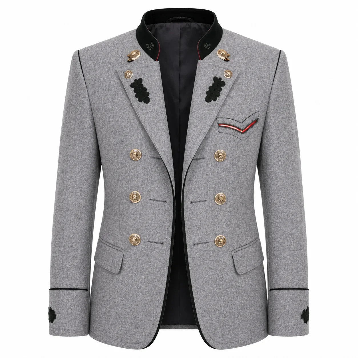 A men's double-breasted blazer in heather gray wool with black trim, gold buttons, and decorative black embroidered details on the lapels and chest pocket flap, shown on a plain white background.