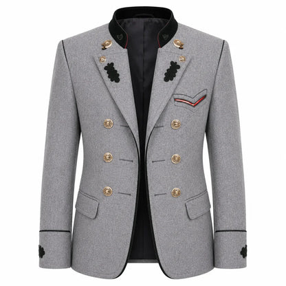 A men's double-breasted blazer in heather gray wool with black trim, gold buttons, and decorative black embroidered details on the lapels and chest pocket flap, shown on a plain white background.
