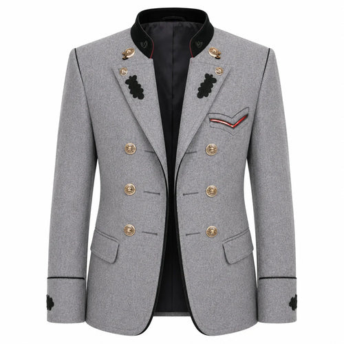 A men's double-breasted blazer in heather gray wool with black trim, gold buttons, and decorative black embroidered details on the lapels and chest pocket flap, shown on a plain white background.
