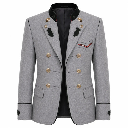 A men's double-breasted blazer in heather gray wool with black trim, gold buttons, and decorative black embroidered details on the lapels and chest pocket flap, shown on a plain white background.