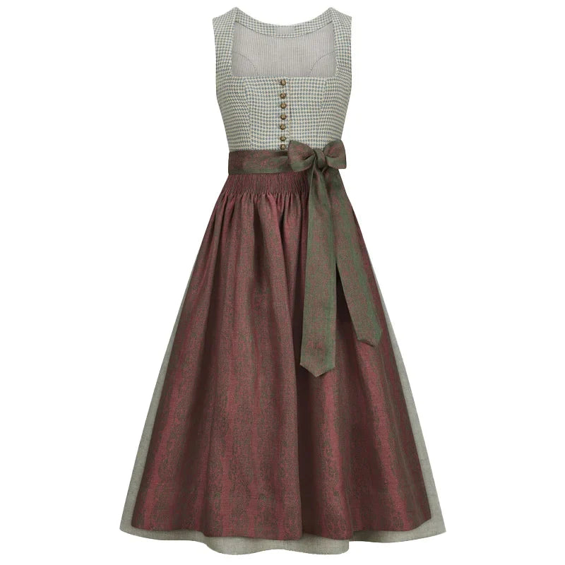 Traditional German dirndl with a checkered top and red skirt on a white background