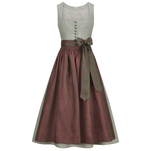 Traditional German dirndl with a checkered top and red skirt on a white background