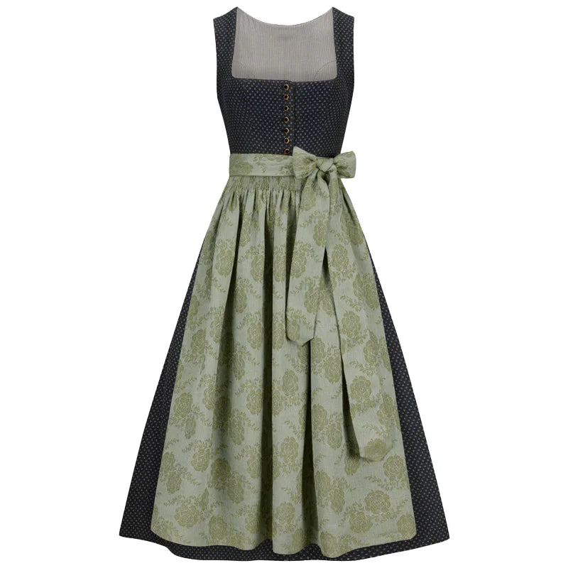 Two-piece dress with a patterned skirt and solid top on a white background